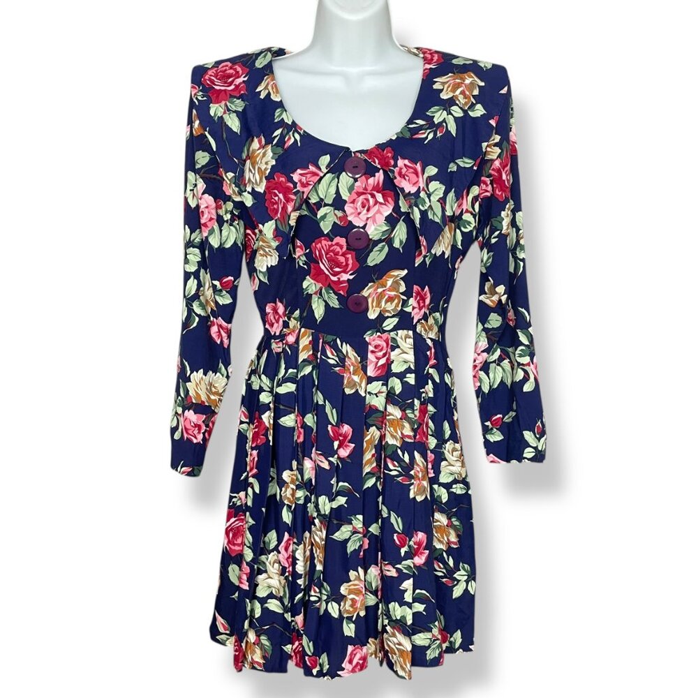 Vintage Rampage Dress Oversized Collar Pleats‎ Navy Blue Mini Size 3 Juniors